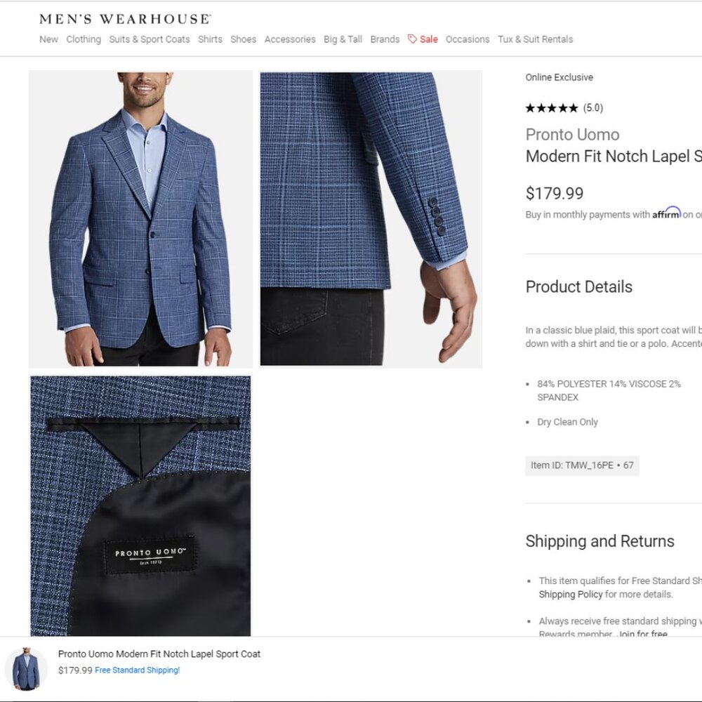 Pronto Uomo Blue Plaid Sports Coat